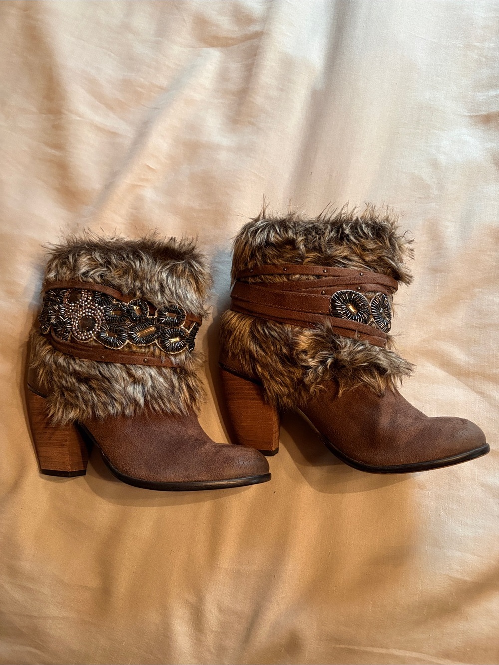 Naughty Monkey Stylish Suede Brown Faux Fur & Embellished Ankle Boots - Size 7
